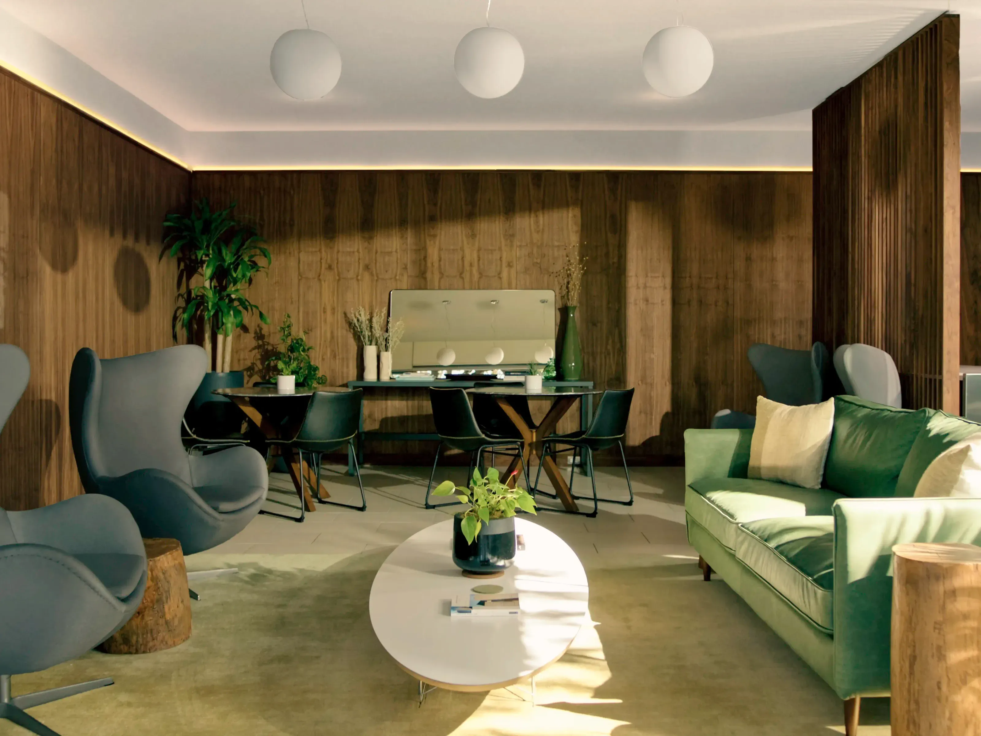 Design-forward common room lounge for Frame group gatherings and private events