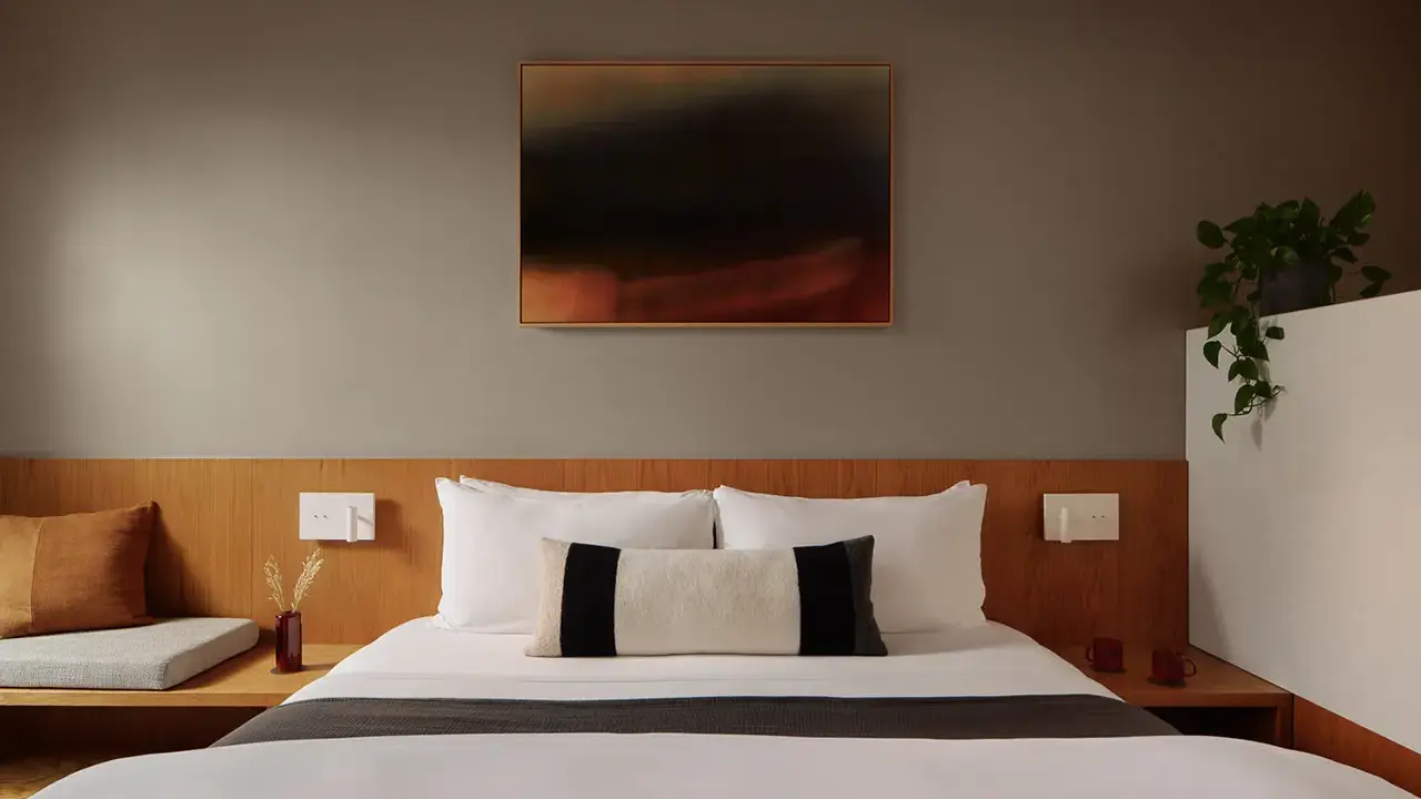 Frame SoCo luxury suite with a plush bed, layered linens, and warm ambient lighting