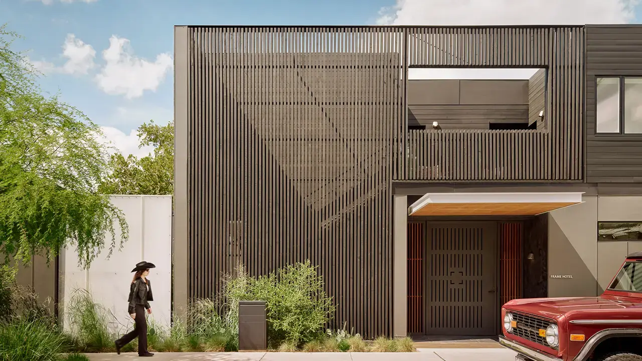 Frame SoCo exterior detail highlighting warm materials and Japanese-inspired design